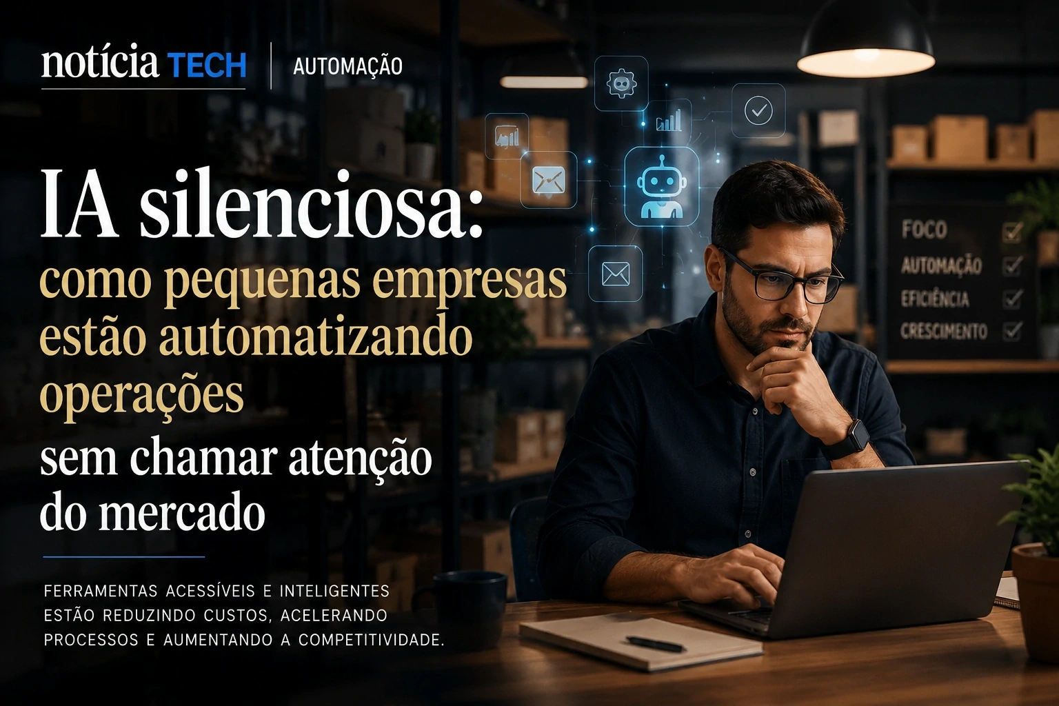Empresário observando painéis de automação e inteligência artificial em escritório moderno