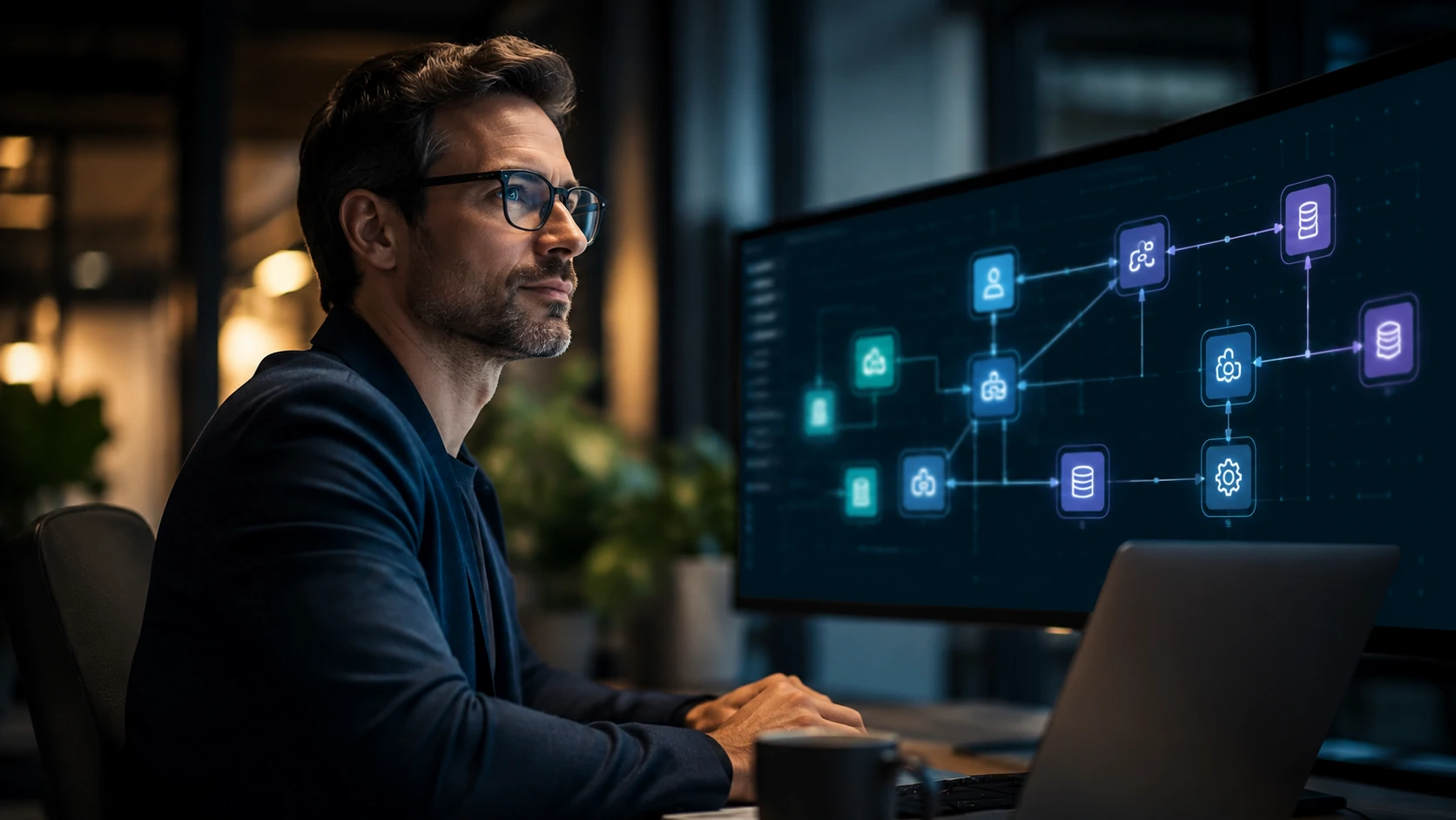 Enterprise architecture coordinating multiple AI agents through an AI Orchestration layer.