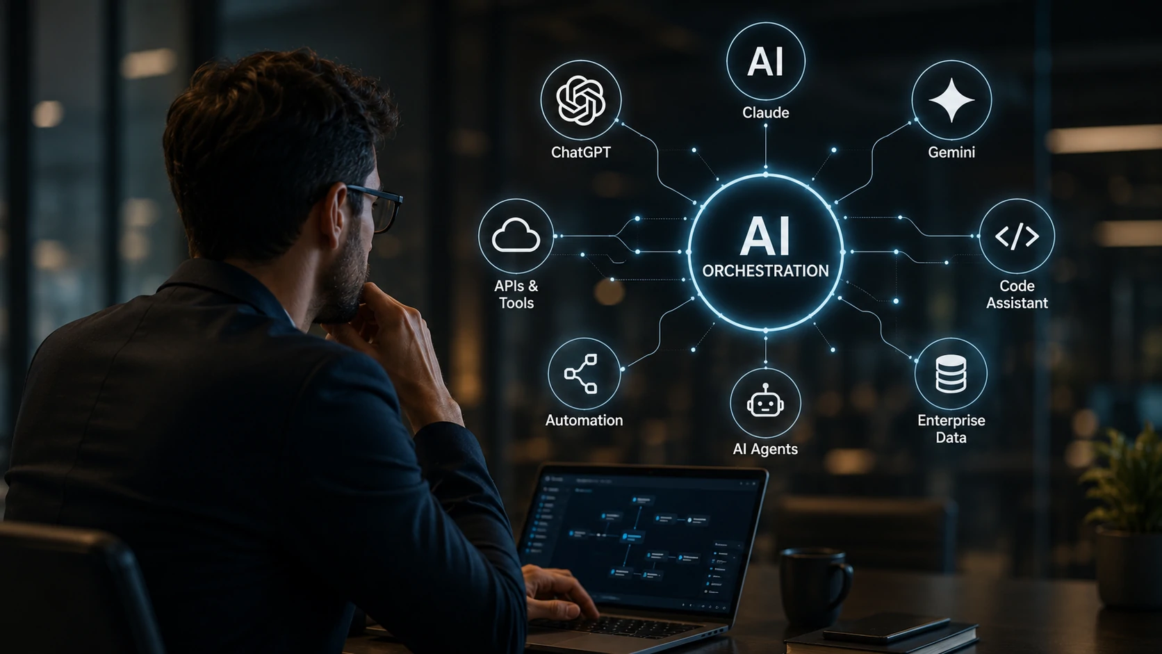 Arquitetura de AI Orchestration conectando múltiplos modelos de inteligência artificial para empresas.
