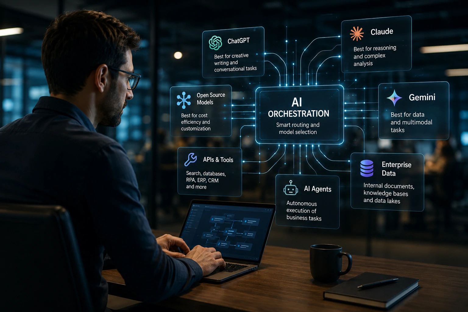 Arquitetura de AI Orchestration conectando múltiplos modelos de IA