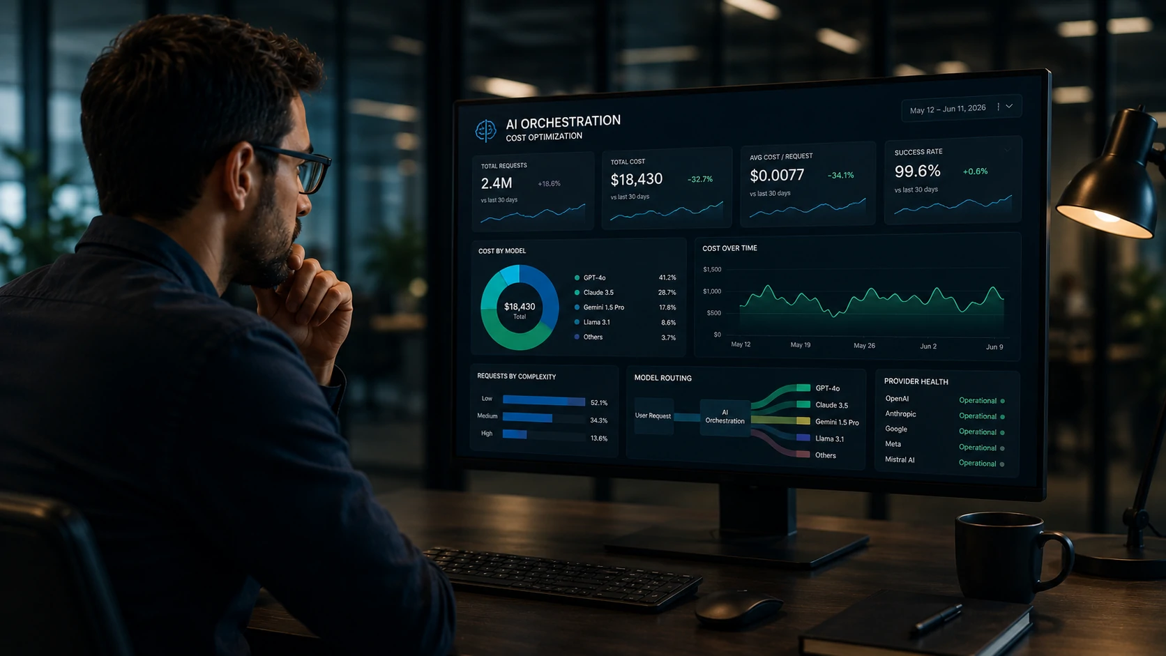 Painel corporativo demonstrando economia operacional obtida com AI Orchestration