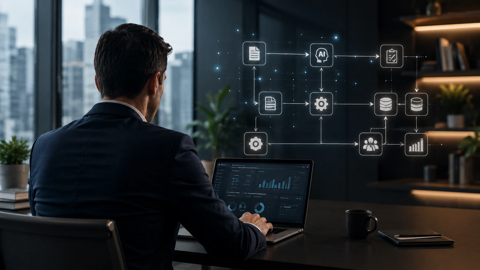 Fluxo corporativo automatizado por inteligência artificial conectando processos empresariais.