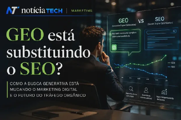 Executive analyzing generative search interfaces and SEO in a corporate tech environment