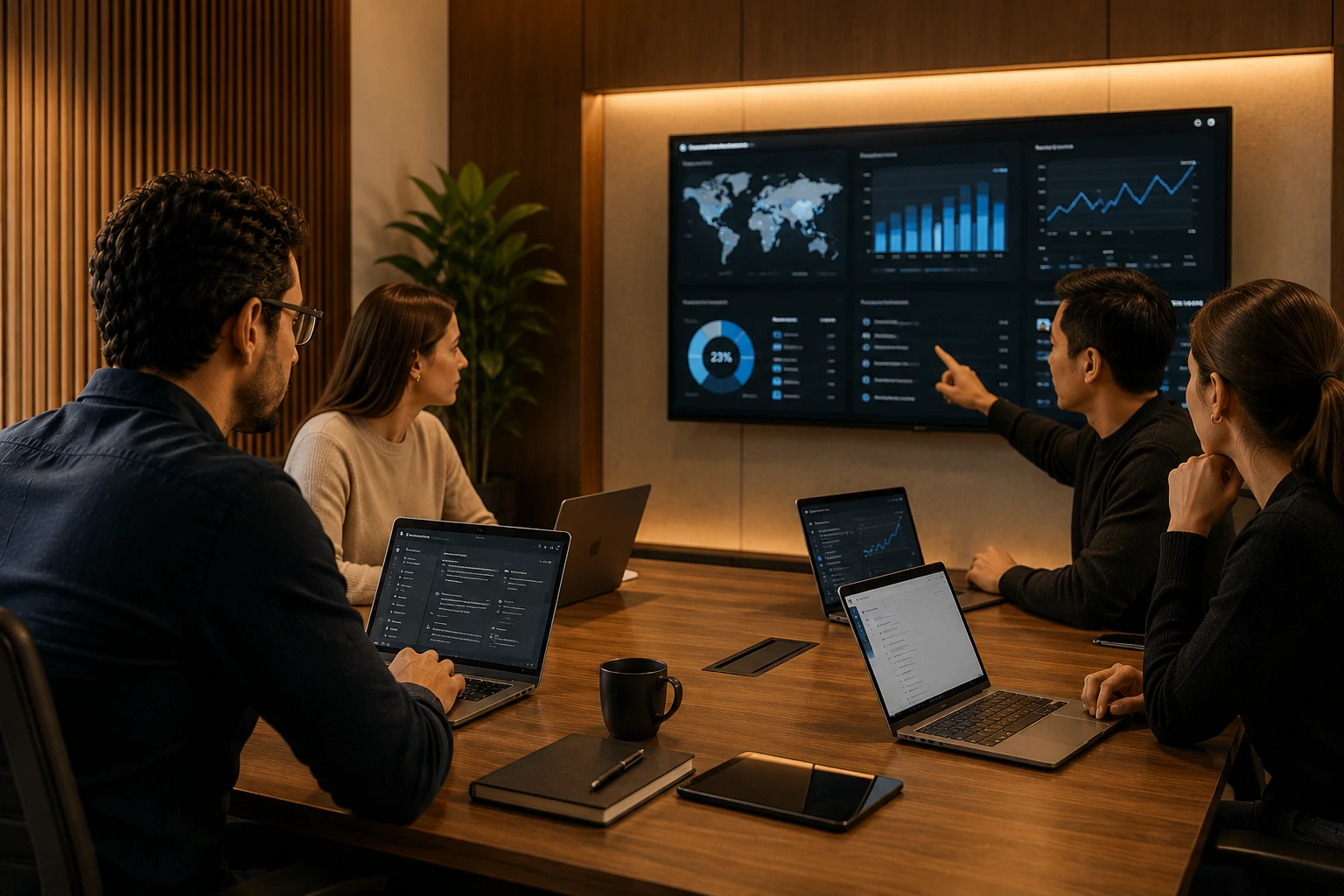 Business team analyzing information with AI