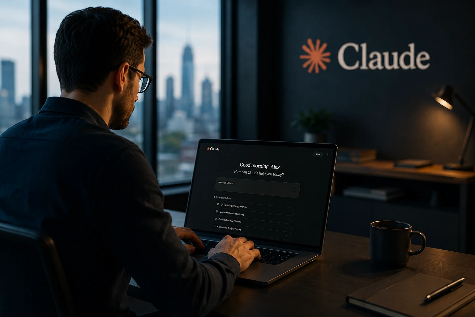 Interface do Claude Pro sendo utilizada por um profissional em ambiente corporativo.