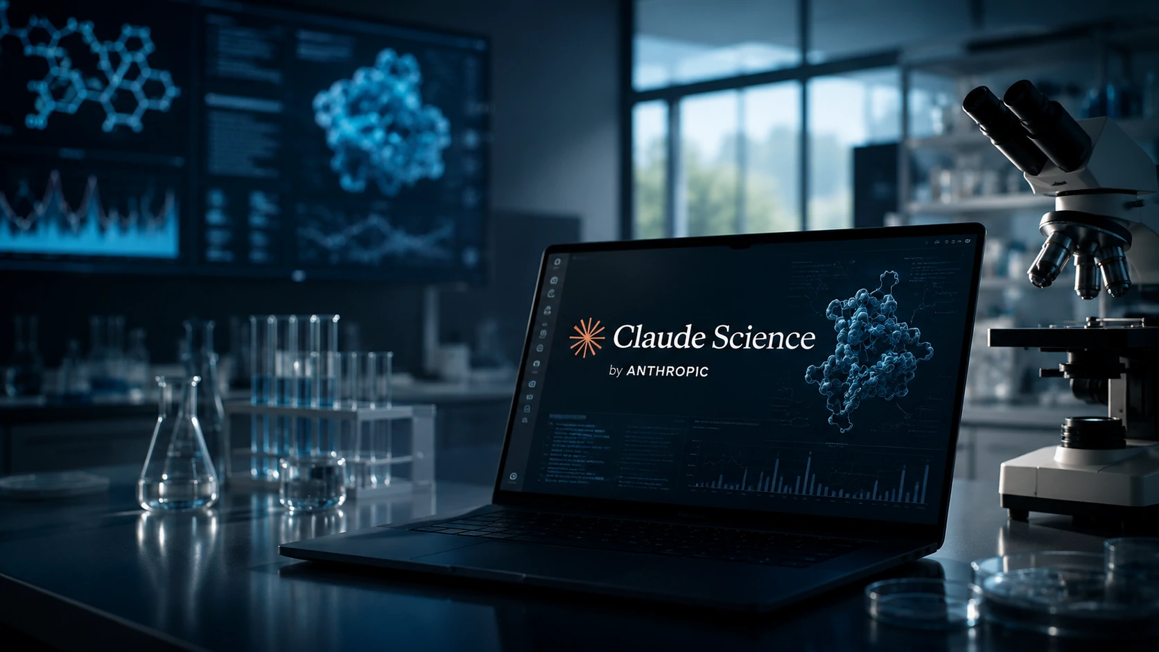 Pesquisadores utilizando Claude Science em laboratório enquanto a plataforma de IA da Anthropic analisa dados científicos.