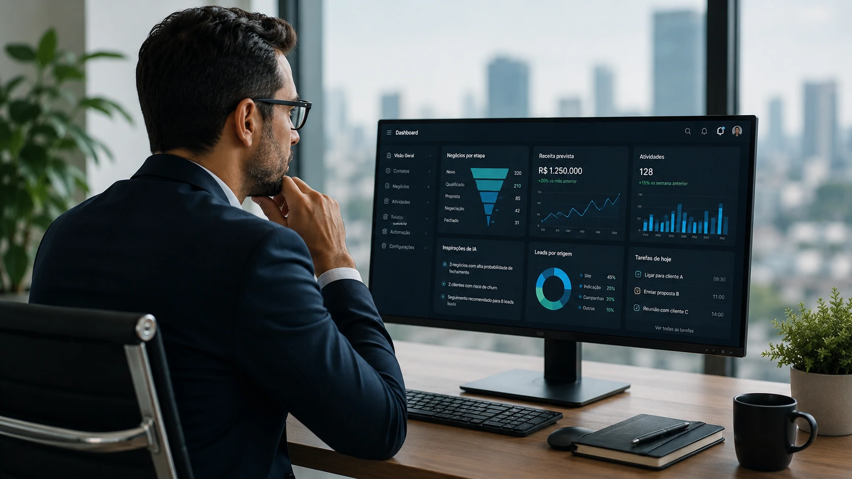Gestor analisando indicadores em CRM com IA