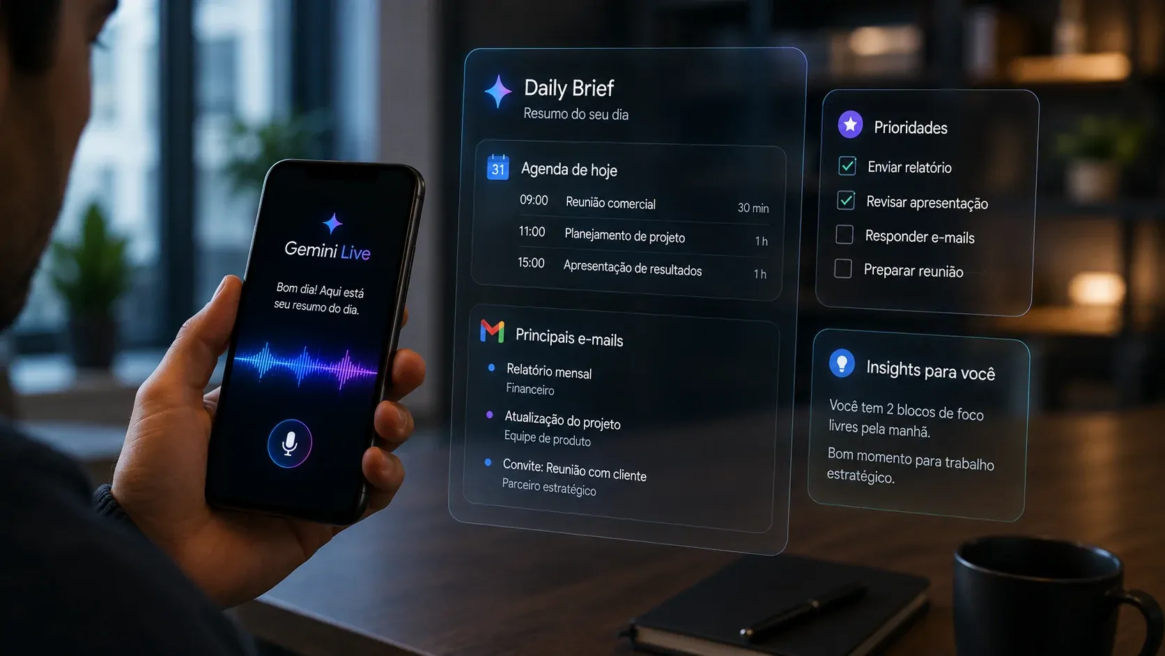 Daily Brief do Gemini reunindo informações de Gmail e Calendar em uma conversa por voz