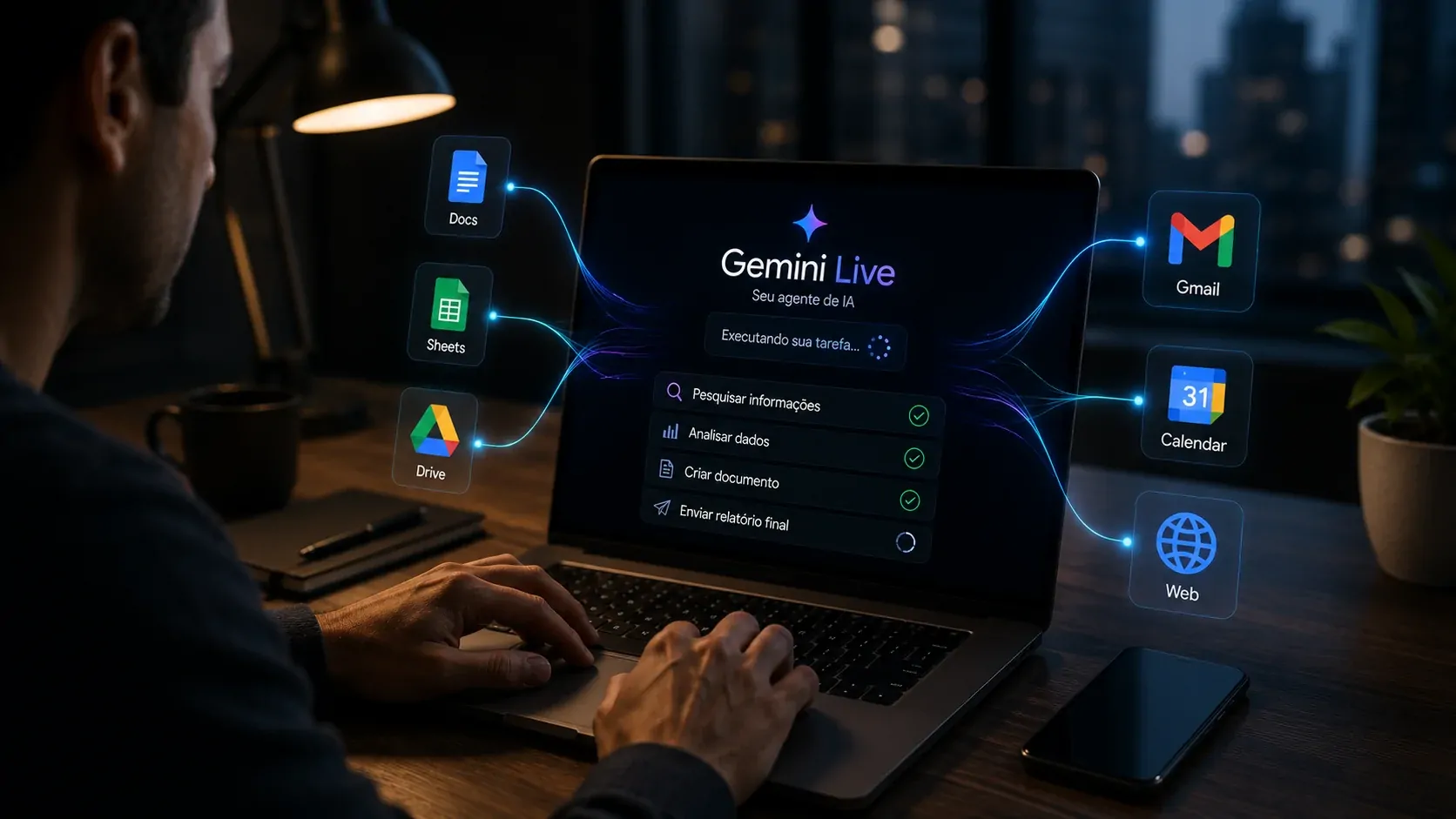 Gemini Live conectado a ferramentas de trabalho e executando fluxos automatizados
