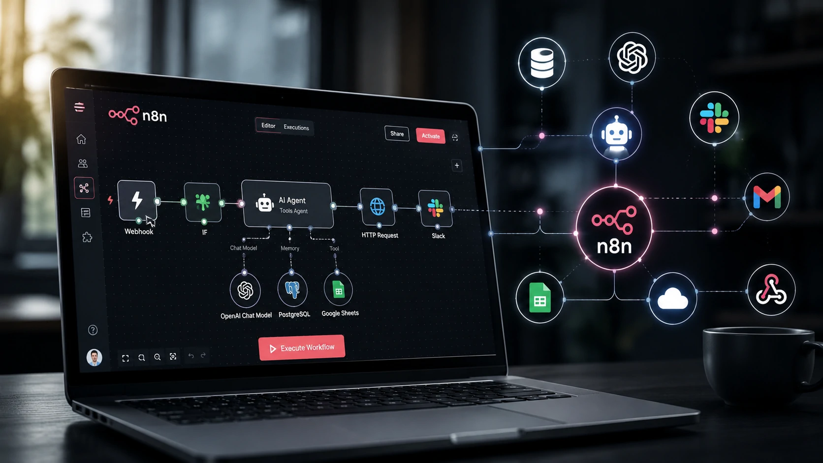 n8n dashboard connected to AI agents and enterprise automation workflows