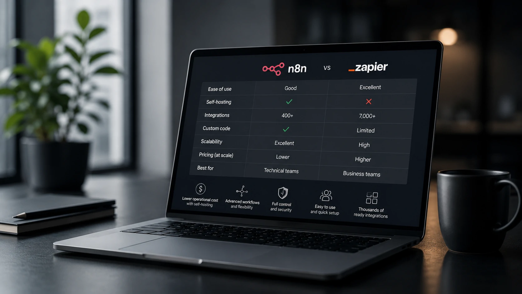 Painel comparando custos e escalabilidade entre n8n e Zapier