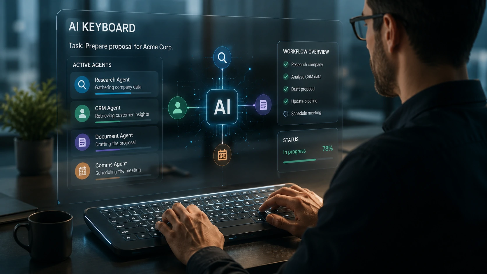 Profissional utilizando um AI Keyboard para coordenar agentes de inteligência artificial em ambiente corporativo.