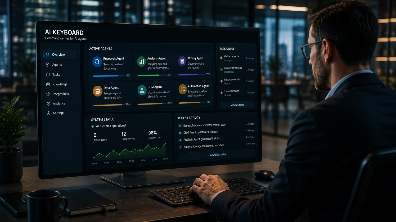 Executivo utilizando uma interface de IA integrada a aplicações corporativas