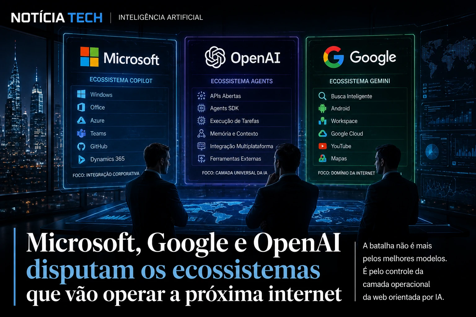 A disputa atual das Big Techs envolve agentes autônomos capazes de operar empresas, plataformas e fluxos digitais. Painéis corporativos futuristas mostrando agentes de IA coordenando sistemas empresariais