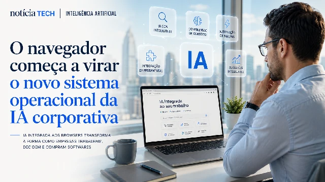 Executivo observando navegadores com inteligência artificial em ambiente corporativo futurista