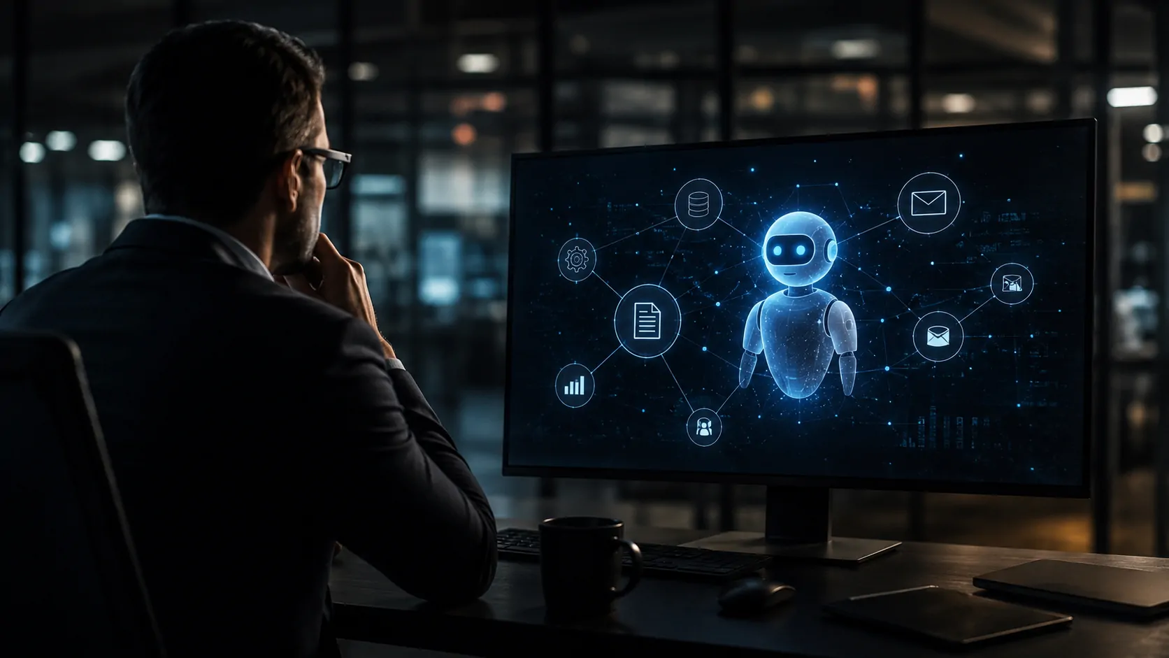 Autonomous artificial intelligence agent connected to corporate systems and surrounded by responsibility and security alerts