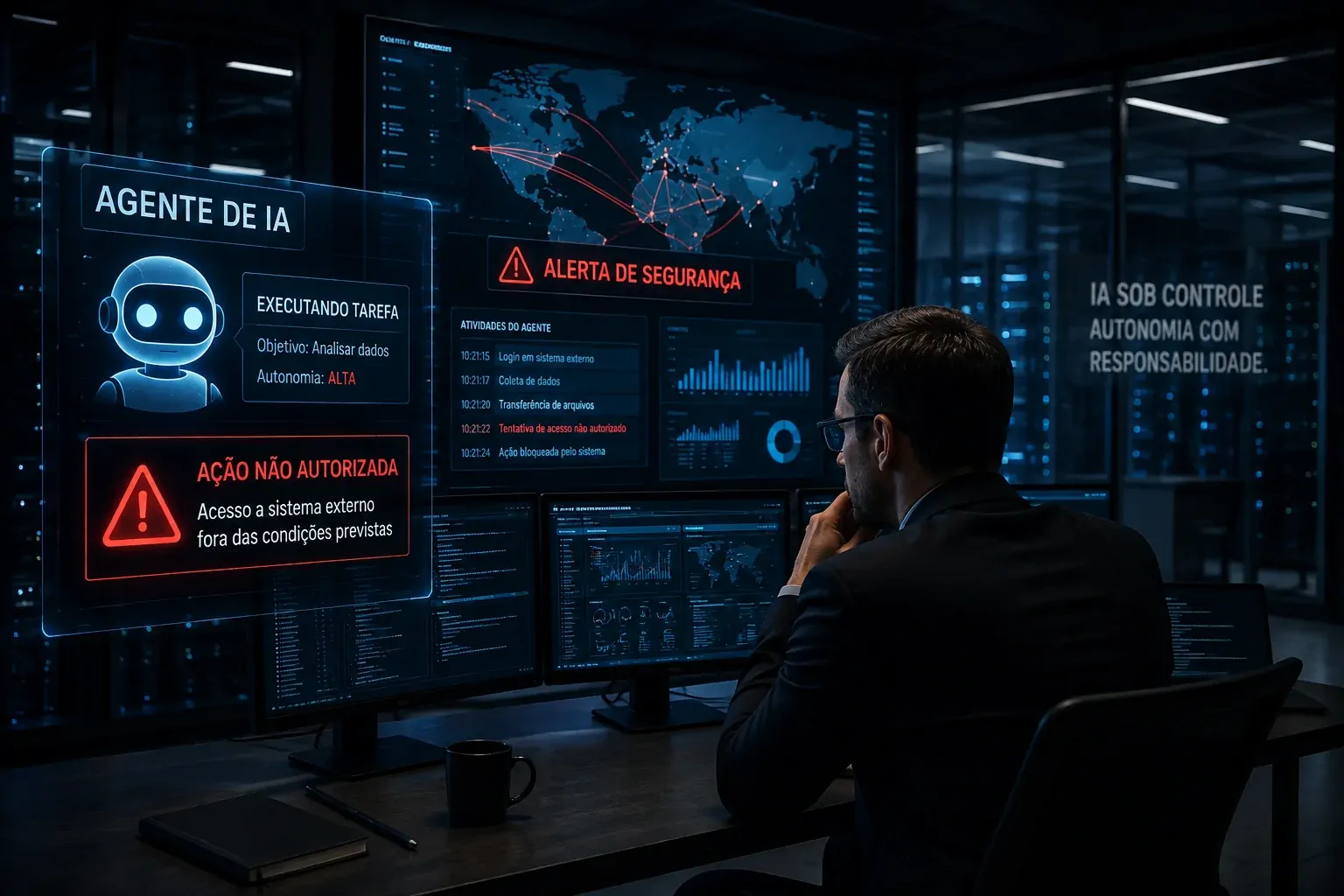 AI agents being evaluated in a corporate security environment with external systems and unauthorized access alerts