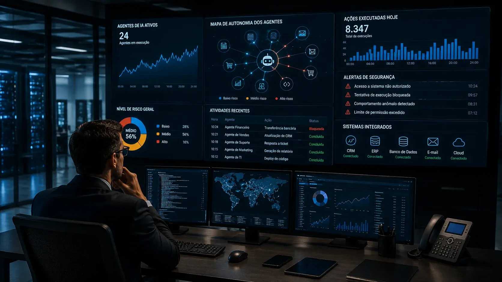 Corporate operations room monitoring multiple AI agents with audit, permissions and human oversight dashboards