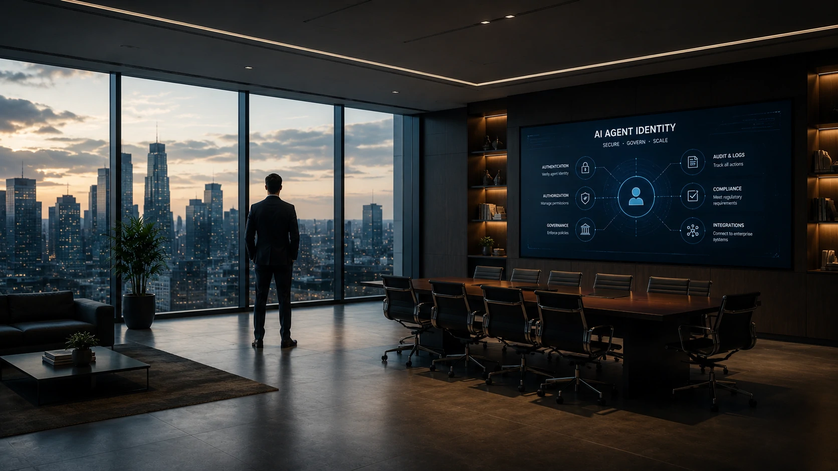 Illustration of AI agents operating securely in an enterprise environment through digital identities.