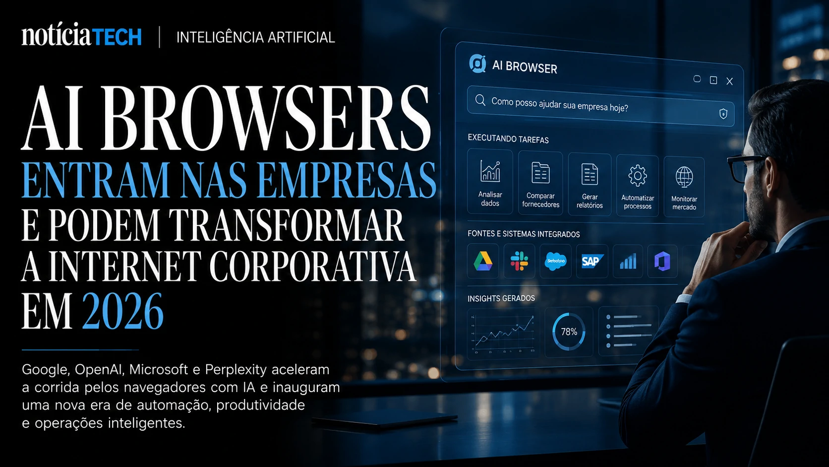 Executivo observando navegador com inteligência artificial operando fluxos corporativos automatizados