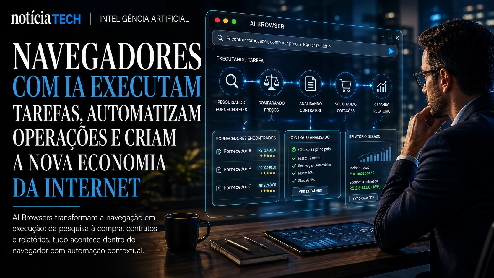 Profissional utilizando navegador com IA para automatizar operações corporativas e tomada de decisão