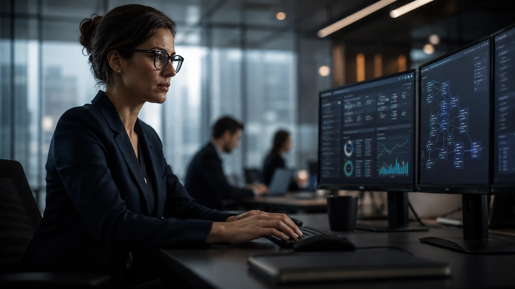 Executives monitoring AI agents in a corporate environment