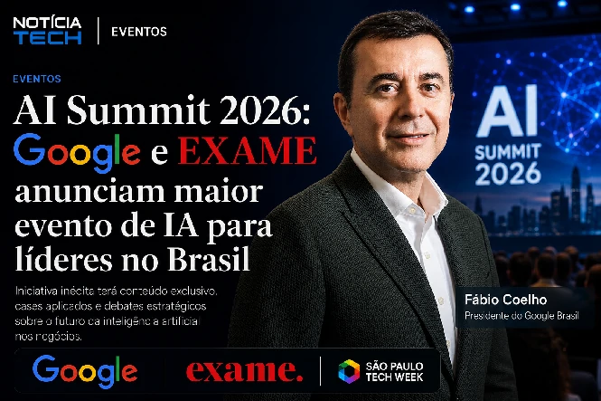 Executivos discutindo inteligência artificial corporativa em evento premium de tecnologia