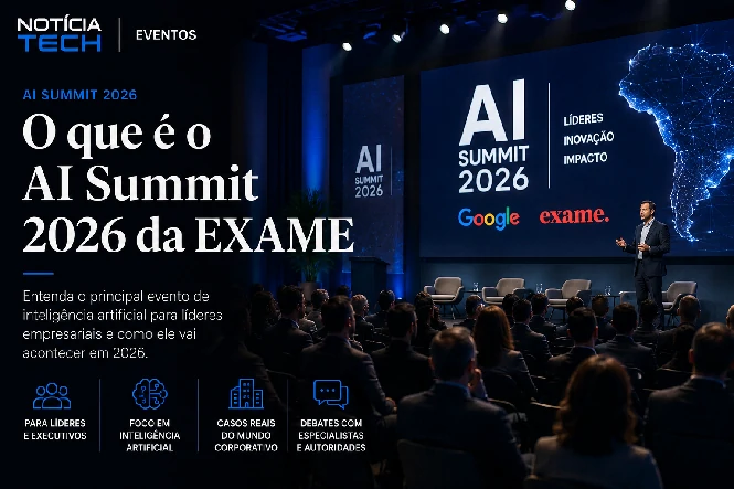 Executivos em palco debatendo inteligência artificial em ambiente corporate tech