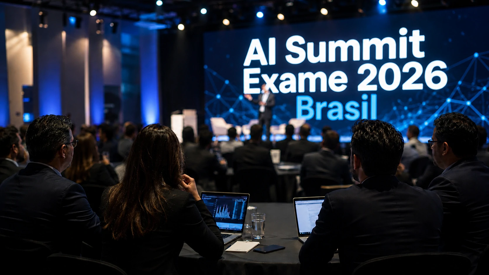 Executivos discutindo estratégias de inteligência artificial durante o AI Summit Exame 2026