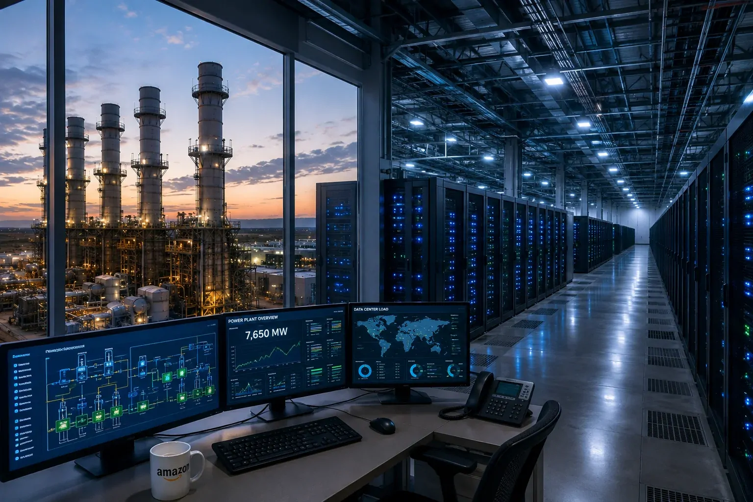 Data center de inteligência artificial da Amazon conectado a uma infraestrutura de geração de energia no Texas