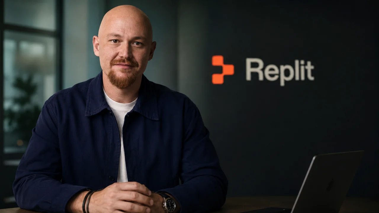 Amjad Masad, Replit CEO, in front of an artificial intelligence software development interface