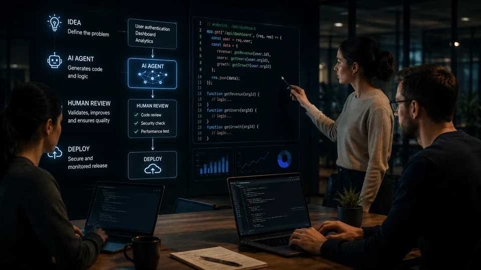 Equipe de tecnologia trabalhando com agentes de IA, revisão humana e sistemas de controle para desenvolvimento de software empresarial