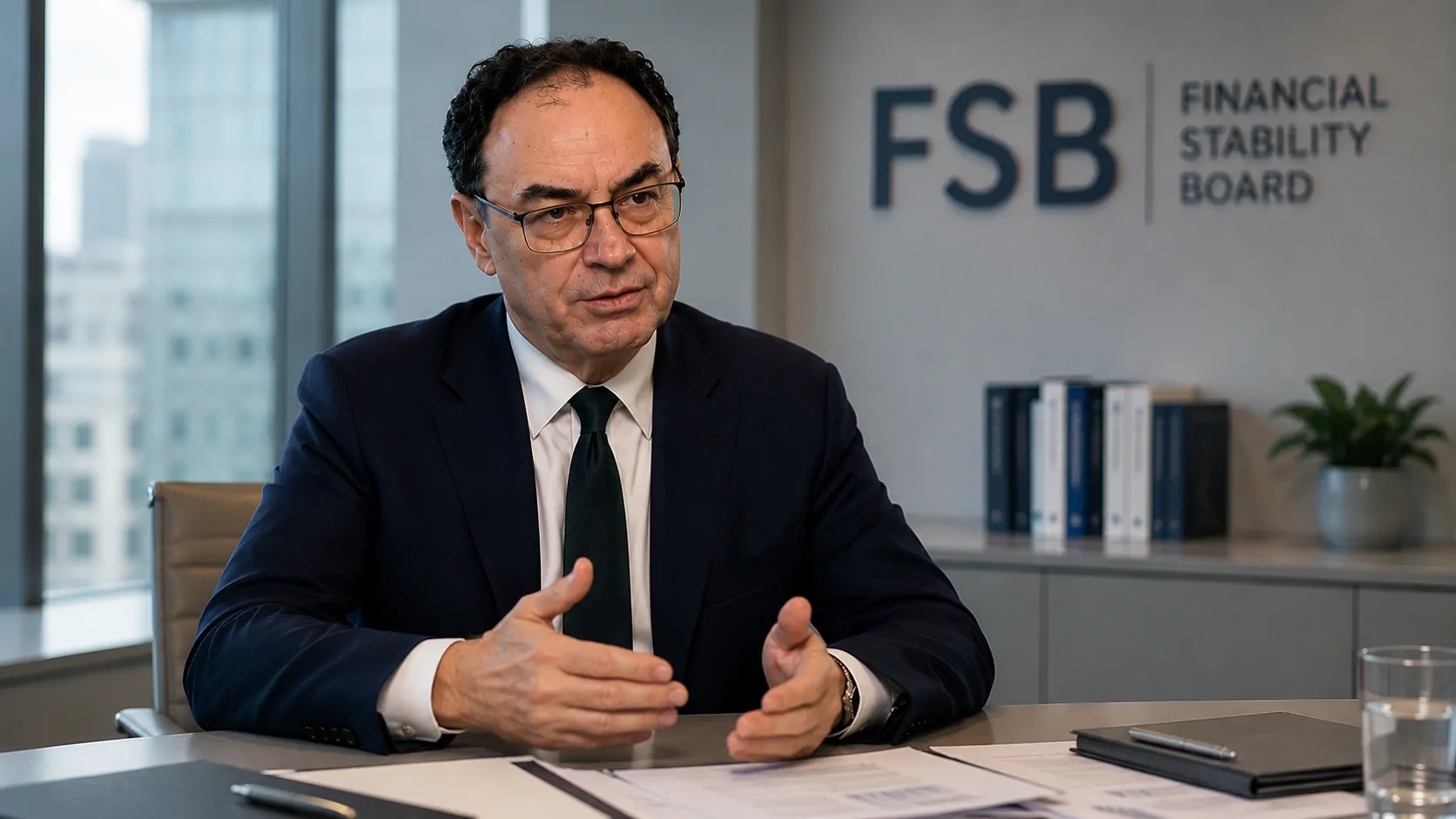 Andrew Bailey diante de uma representação digital do sistema financeiro global ameaçado por ataques cibernéticos com inteligência artificial