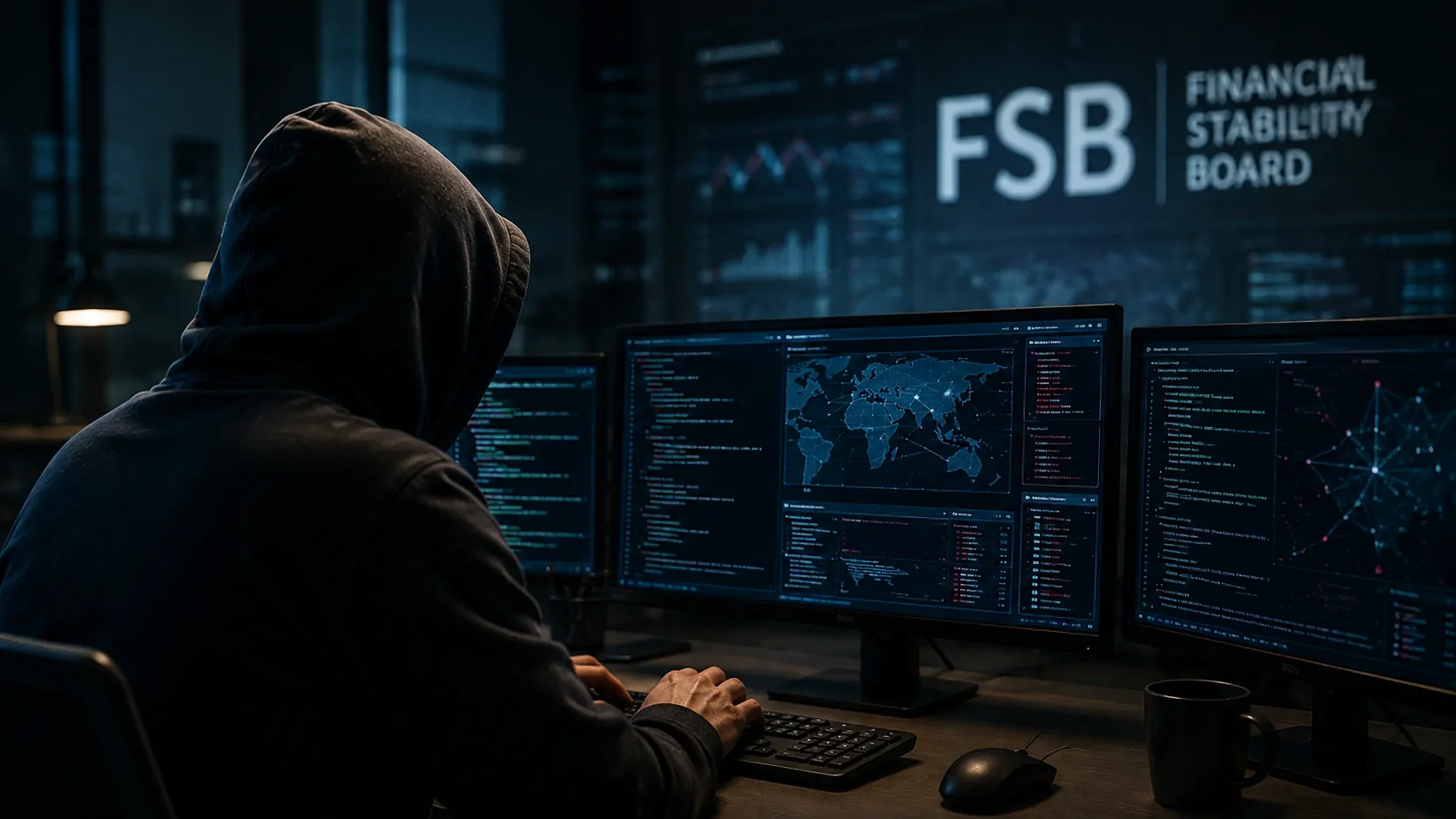 Representação de um ataque cibernético potencializado por inteligência artificial contra uma rede de instituições financeiras