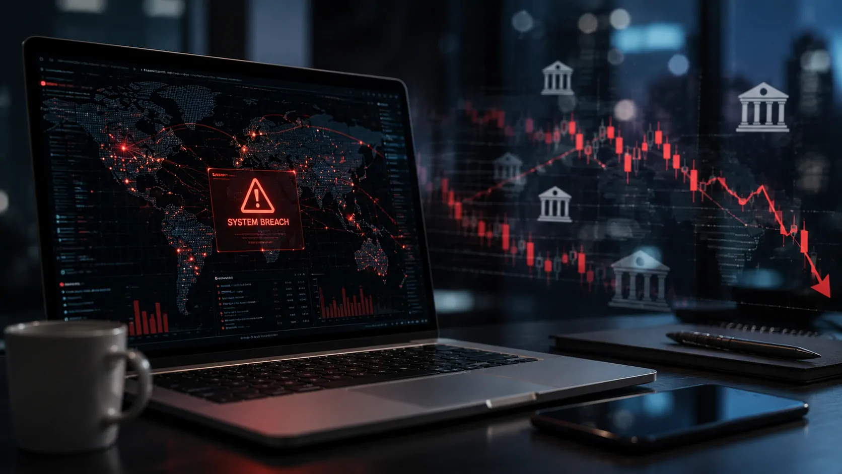 Centro de operações de um banco monitorando ameaças cibernéticas geradas por sistemas avançados de inteligência artificial