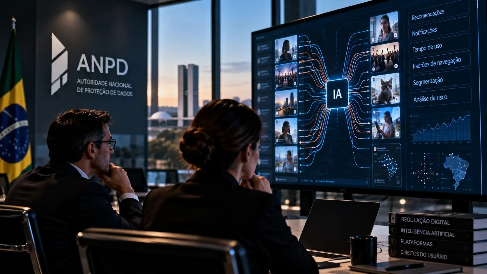 Representação editorial premium de uma autoridade reguladora analisando a arquitetura invisível de uma grande plataforma digital com inteligência artificial