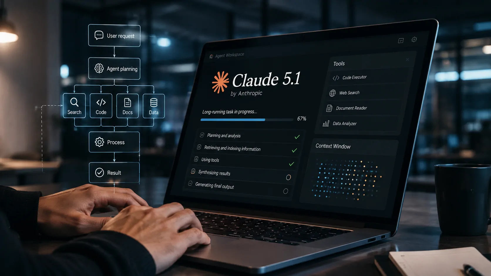 Claude Fable 5.1 executando uma longa tarefa corporativa com múltiplas ferramentas e fontes de informação