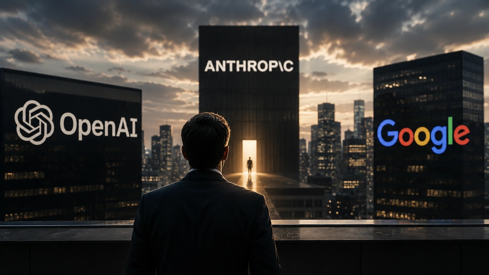 Anthropic executives standing before a visual representation of the global AI race involving OpenAI and Google.