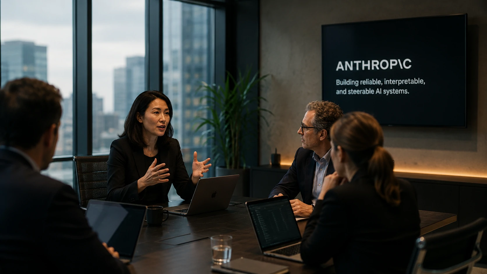 Executives discussing global artificial intelligence strategy