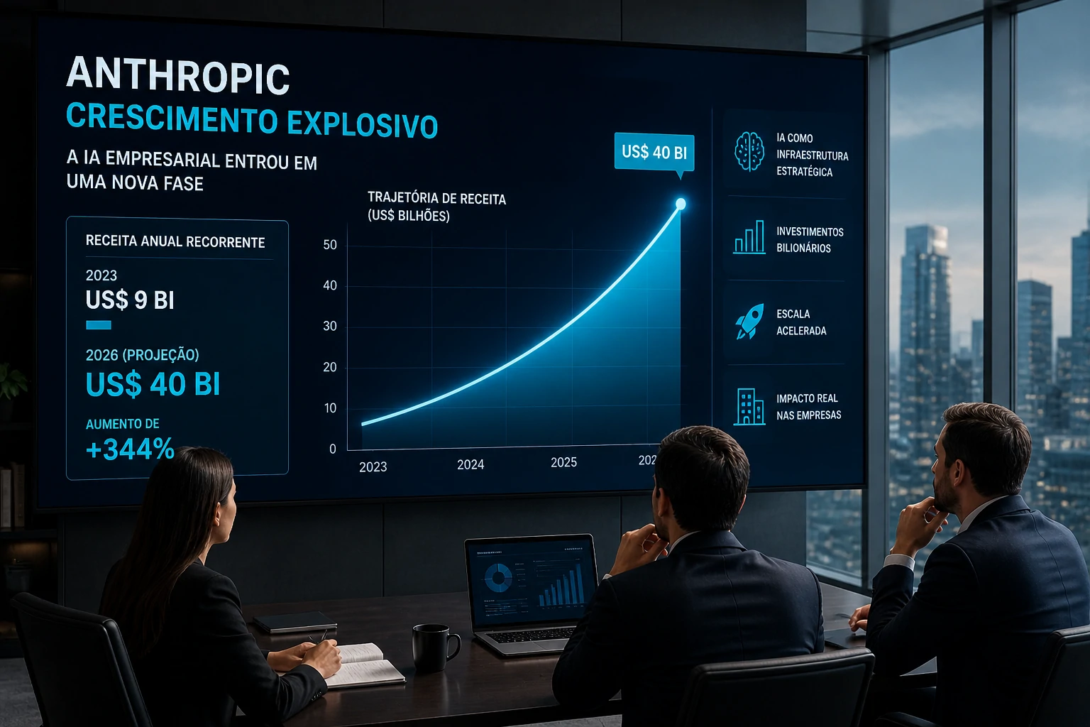Painel corporativo analisando dados de crescimento em IA