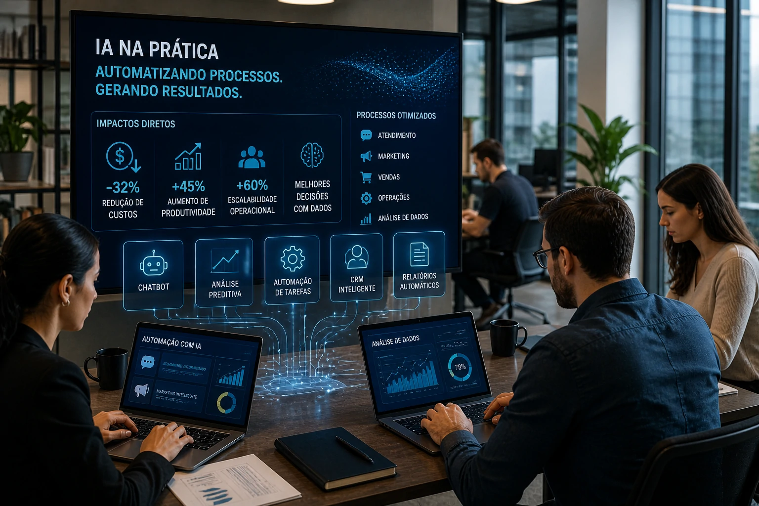 Equipe utilizando IA para automação de processos empresariais