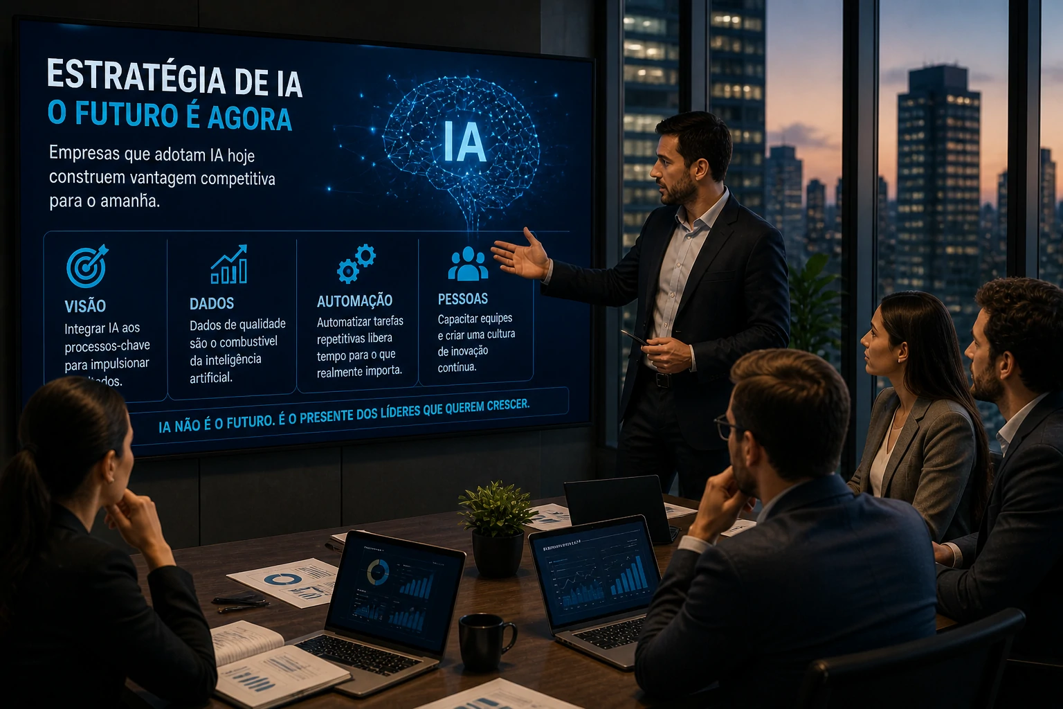 Executivos discutindo estratégia de IA e transformação digital