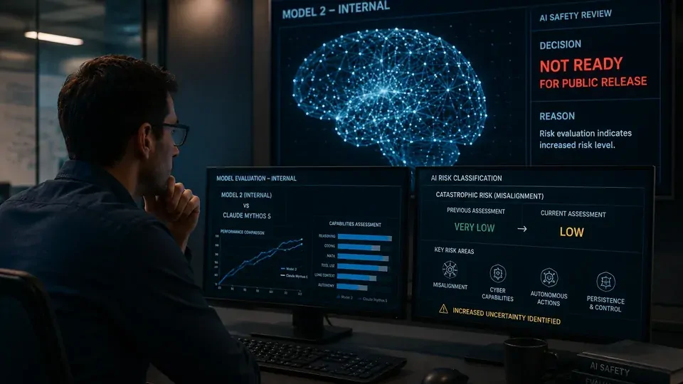 Representação de um modelo de inteligência artificial avançado sendo submetido a avaliações de segurança