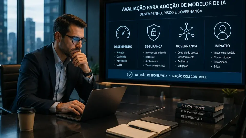 Representação de uma empresa avaliando segurança, desempenho e governança antes de adotar um modelo avançado de IA