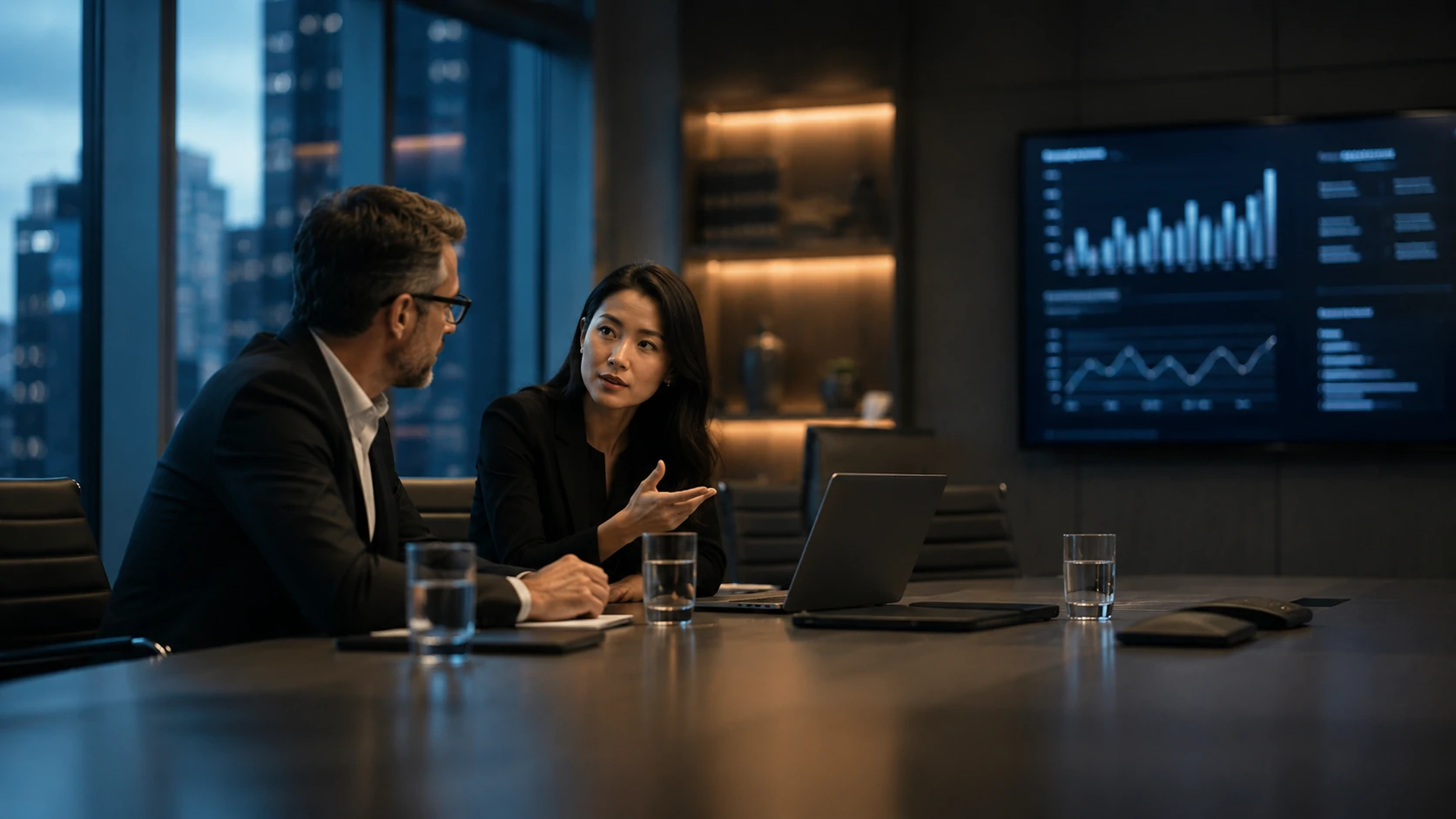 Executivos discutindo estratégia corporativa relacionada à inteligência artificial.