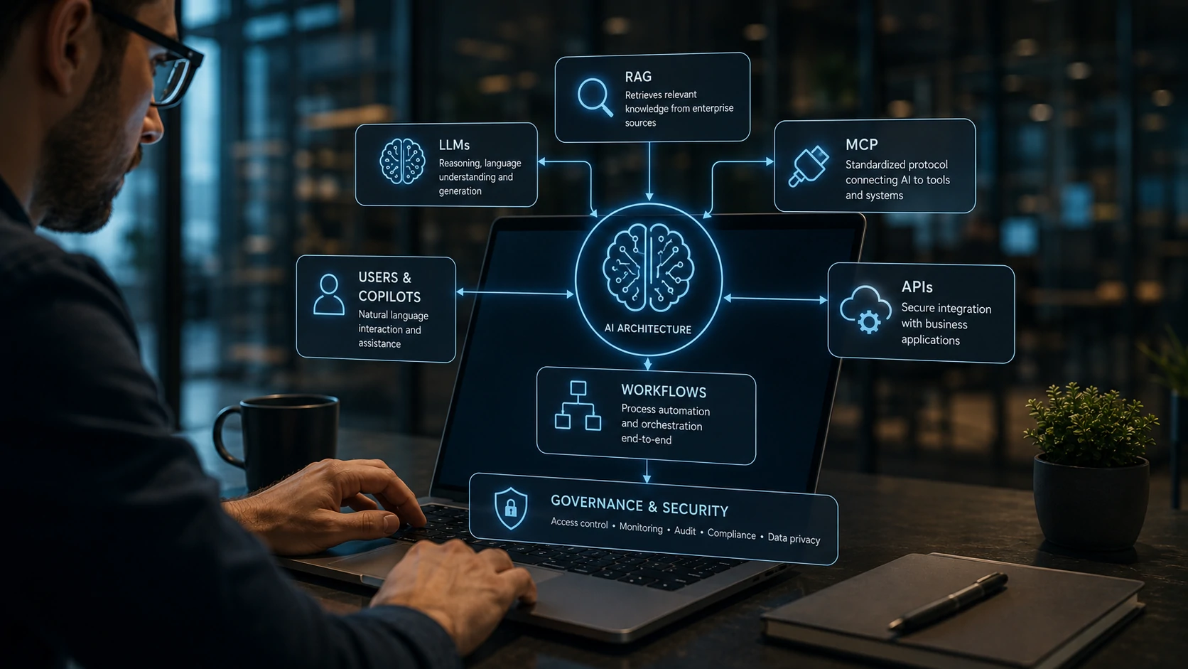 Integrated architecture showing RAG, MCP, APIs, AI agents, and workflows