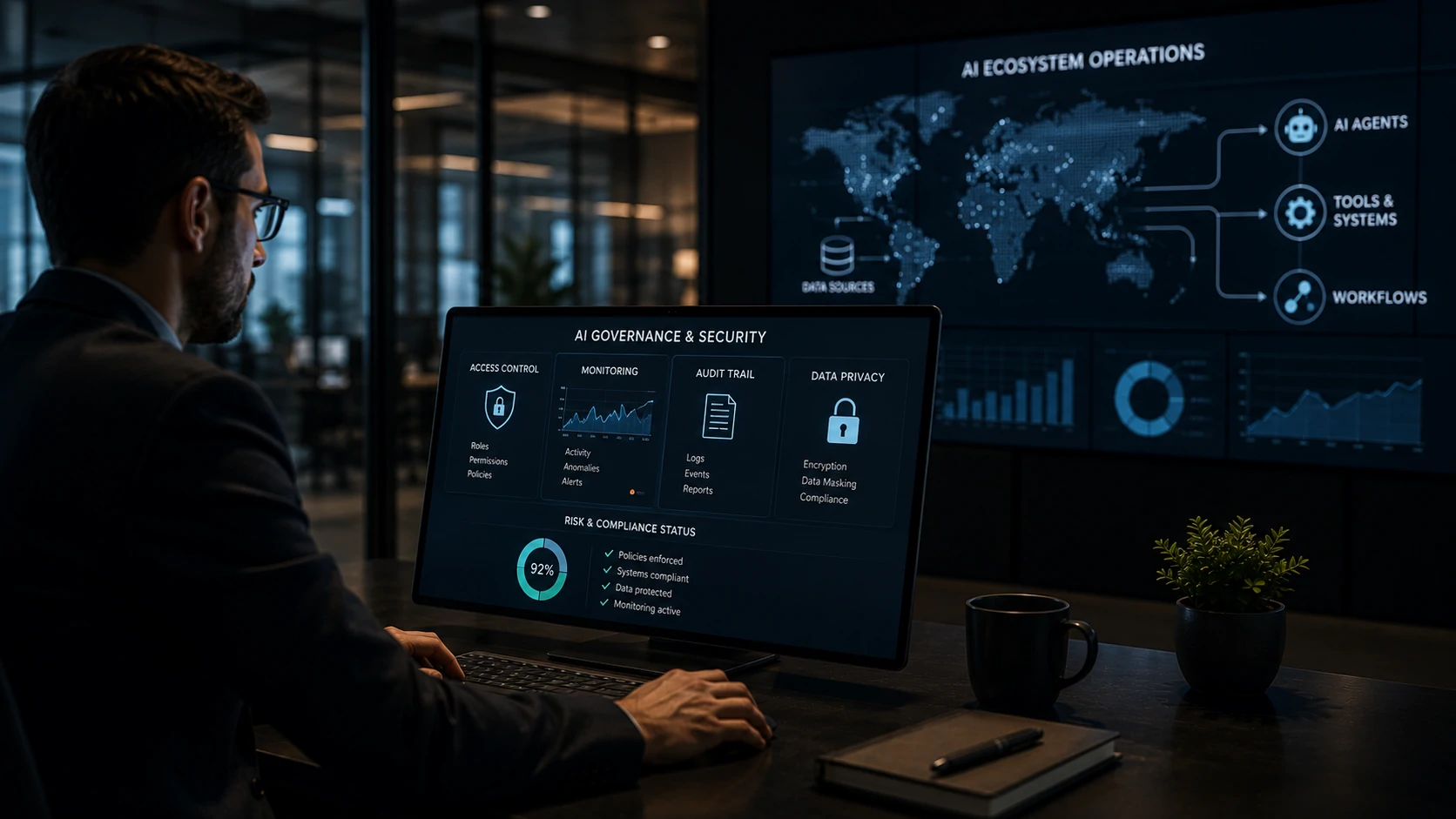 Enterprise AI architecture with governance, monitoring, and human oversight