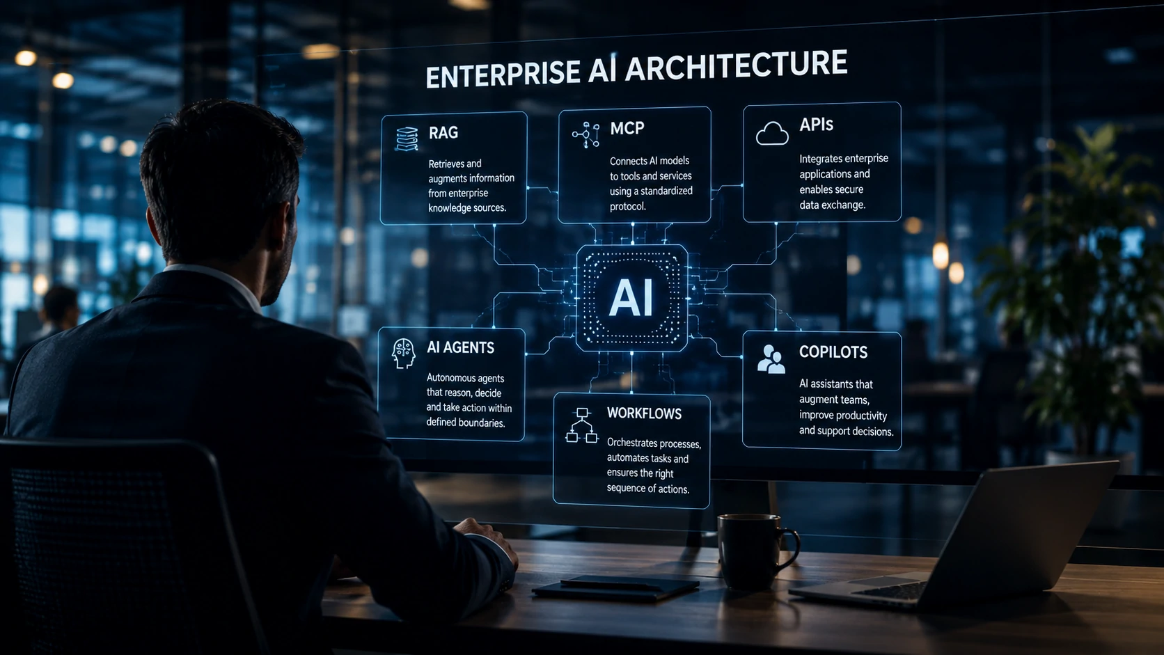 Imagem ilustrando uma arquitetura corporativa de Inteligência Artificial conectando múltiplos sistemas.