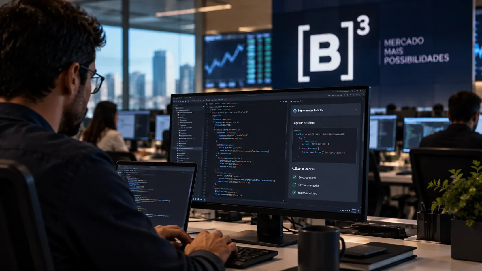 Desenvolvedores utilizando inteligência artificial para escrever e revisar código em um ambiente corporativo financeiro