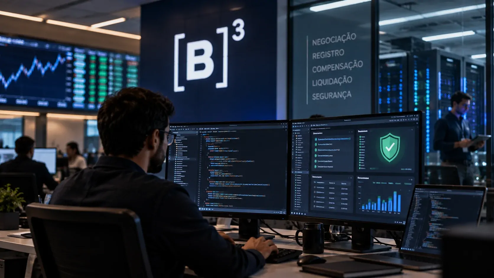 Ambiente corporativo de engenharia com código, controles de segurança e elementos visuais do mercado financeiro